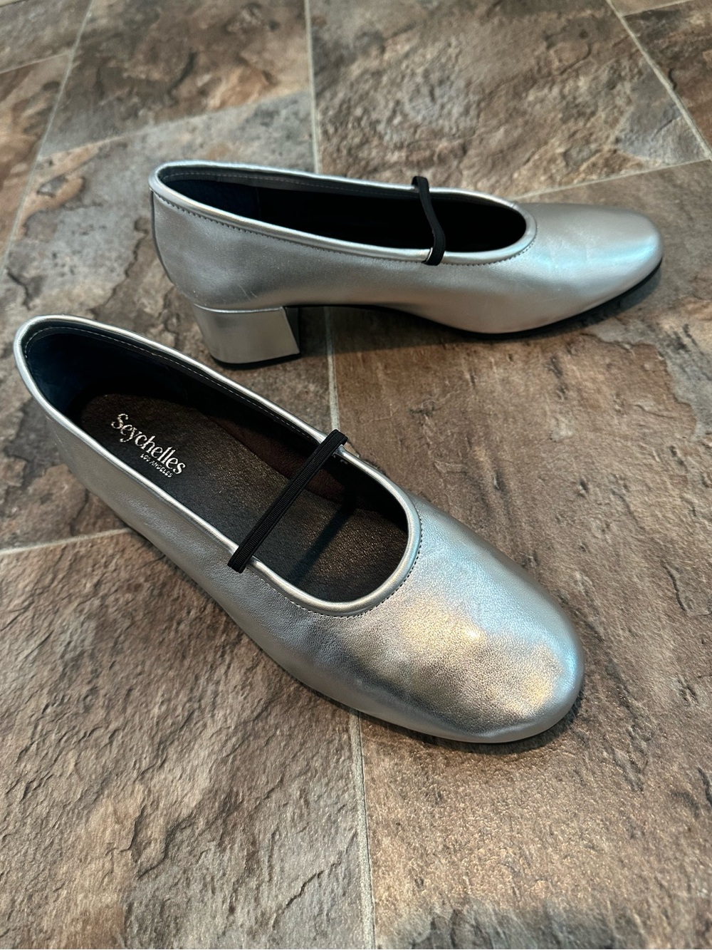 Seychelles Silver Mary Jane Block Heel Pumps